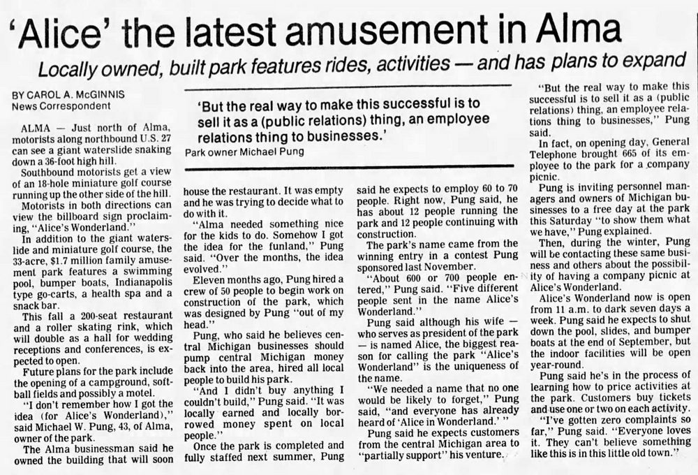 Alices Wonderland - Sept 3 1984 Opening Article